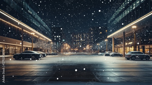 A contemporary car plaza with a skyline under soft winter snowfall. Featuring purity and contrast