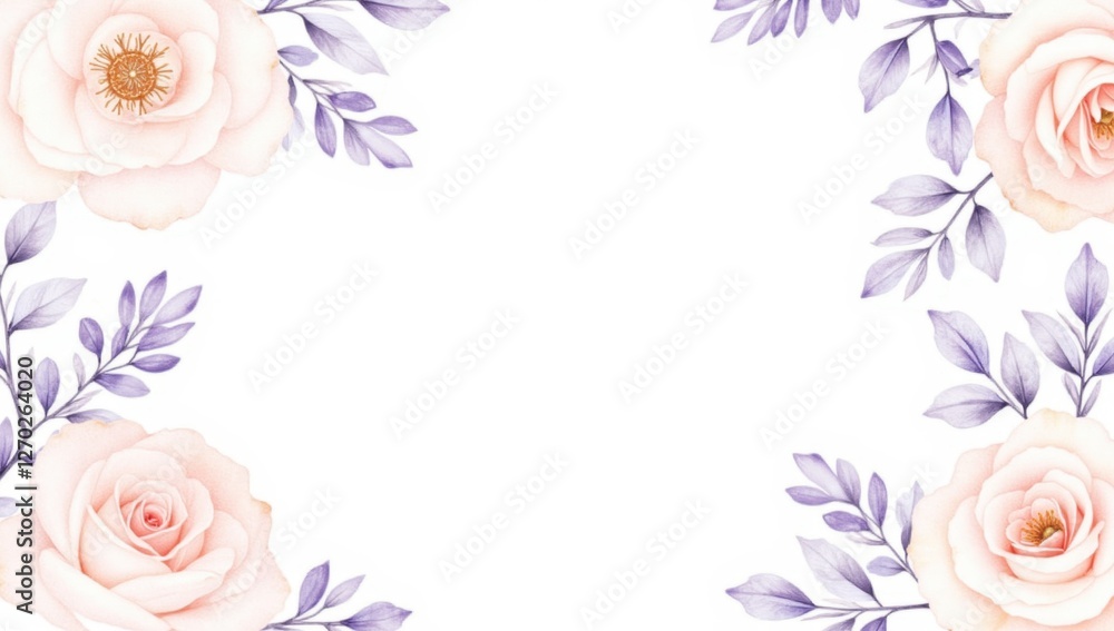 Fototapeta premium Elegant Floral Frame with Violet and Blush Roses in Watercolor Style