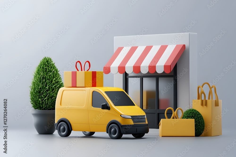 Naklejka premium Delivery Van with Gift Box and Storefront Illustration for Online Shopping and Retail