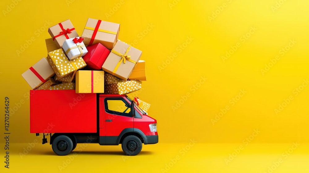 Red Delivery Truck Overflowing with Colorful Gift Boxes on a Bright Yellow Background Red Delivery Truck Overflowing with Colorful Gift Boxes on a Bright Yellow Background