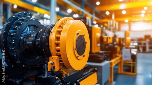 Industrial Precision Close Up of Heavy Machinery Component in Factory Setting with Warm Lighting and Clean Aesthetic