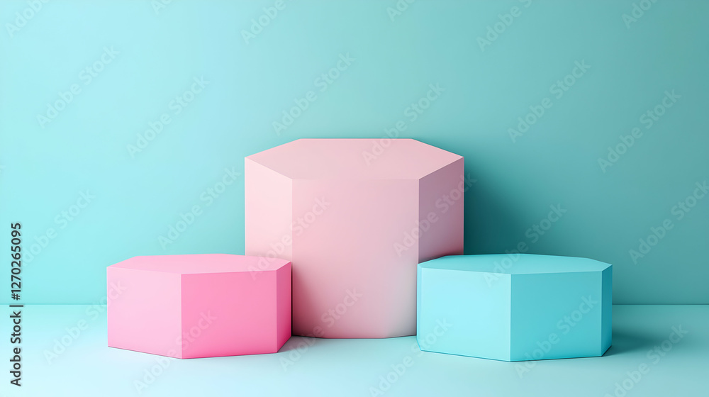 Pastel hexagon podiums on blue background; product display Pastel hexagon podiums on blue background; product display
