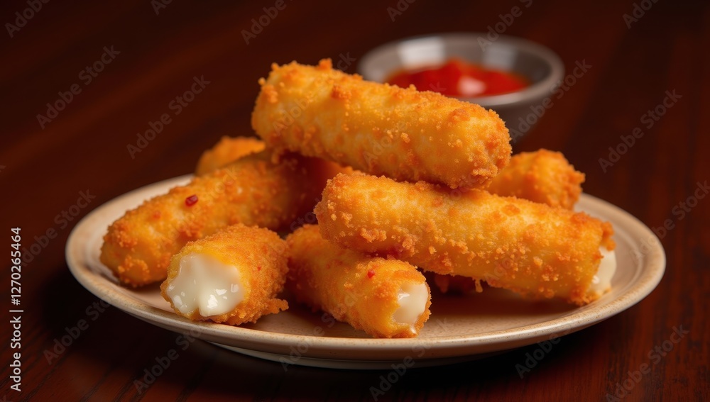Crispy Fried Mozzarella Sticks with Marinara Sauce on Brown Background Crispy Fried Mozzarella Sticks with Marinara Sauce on Brown Background