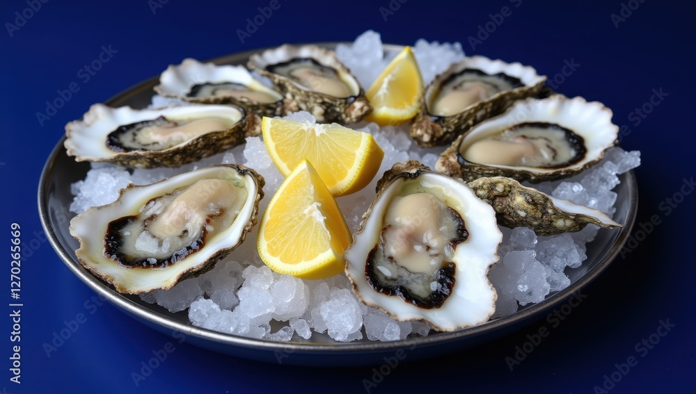 Fresh Oysters on Crushed Ice with Lemon Wedges on Deep Blue Background Fresh Oysters on Crushed Ice with Lemon Wedges on Deep Blue Background