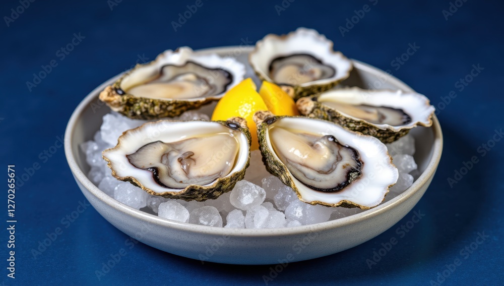 Fresh Oysters on Crushed Ice with Lemon Wedges on Blue Background Fresh Oysters on Crushed Ice with Lemon Wedges on Blue Background
