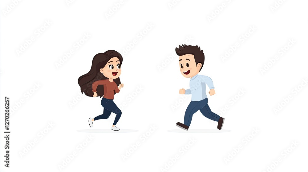 Two animated characters joyfully running towards each other in a playful, white background scene Two animated characters joyfully running towards each other in a playful, white background scene
