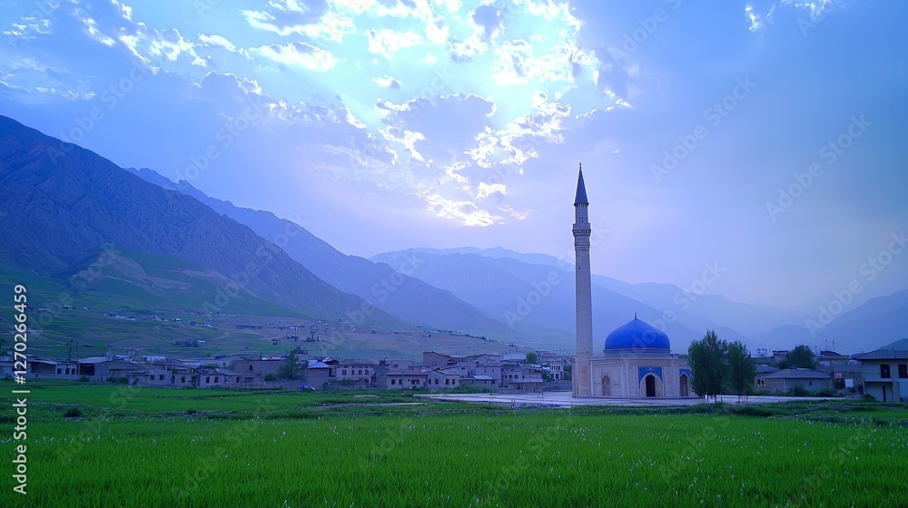 Serene landscape featuring a blue-domed mosque amidst lush green fields and distant mountains Serene landscape featuring a blue-domed mosque amidst lush green fields and distant mountains
