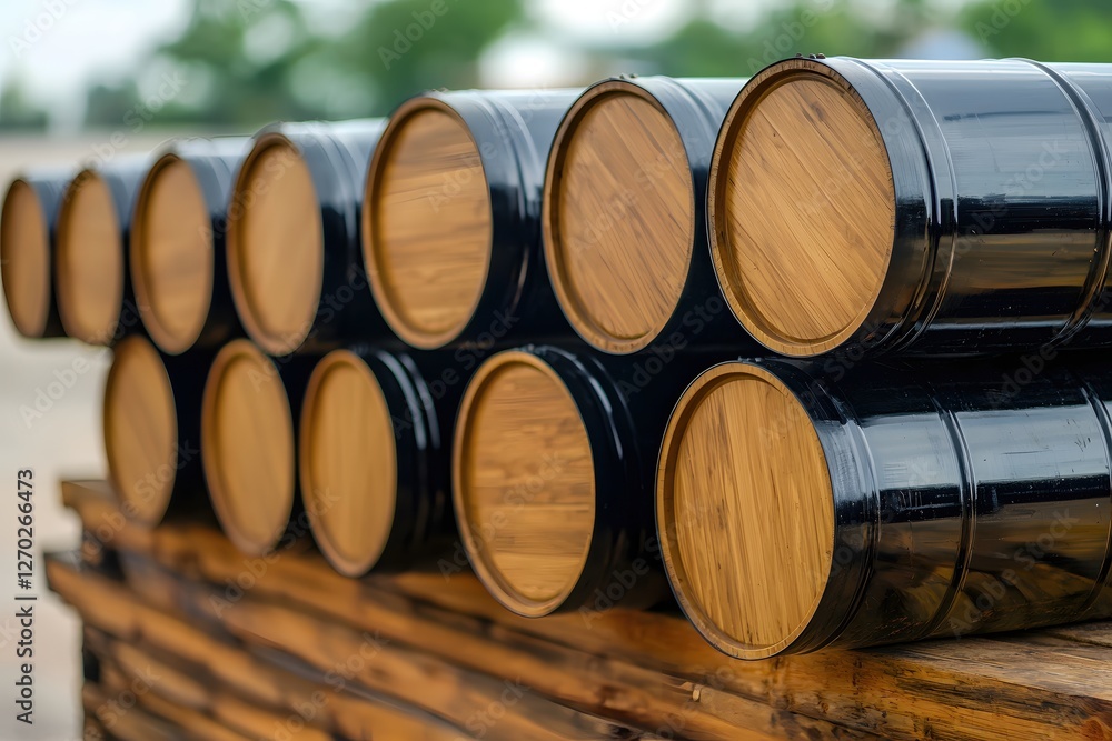 Row of Glossy Black Barrels with Wooden Ends Stacked on Rustic Wooden Pallets in Soft Light Row of Glossy Black Barrels with Wooden Ends Stacked on Rustic Wooden Pallets in Soft Light