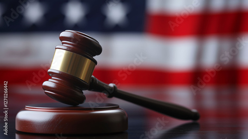 Judge’s Gavel with American Flag Blurred Background photo