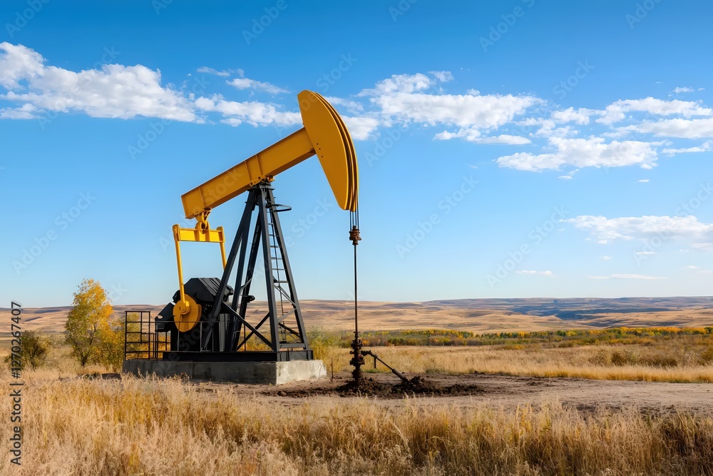 Oil Pump Jack on a Prairie Landscape with Blue Sky and Clouds in a Rural Environment Oil Pump Jack on a Prairie Landscape with Blue Sky and Clouds in a Rural Environment