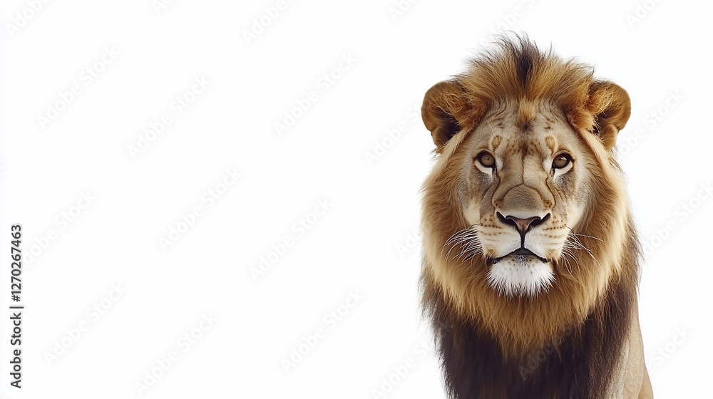 Fototapeta premium Majestic lion portrait, white background, African savanna, wildlife conservation