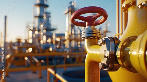Industrial valve with pipeline system at oil refinery plant offering vital energy infrastructure under blue sky providing essential resources