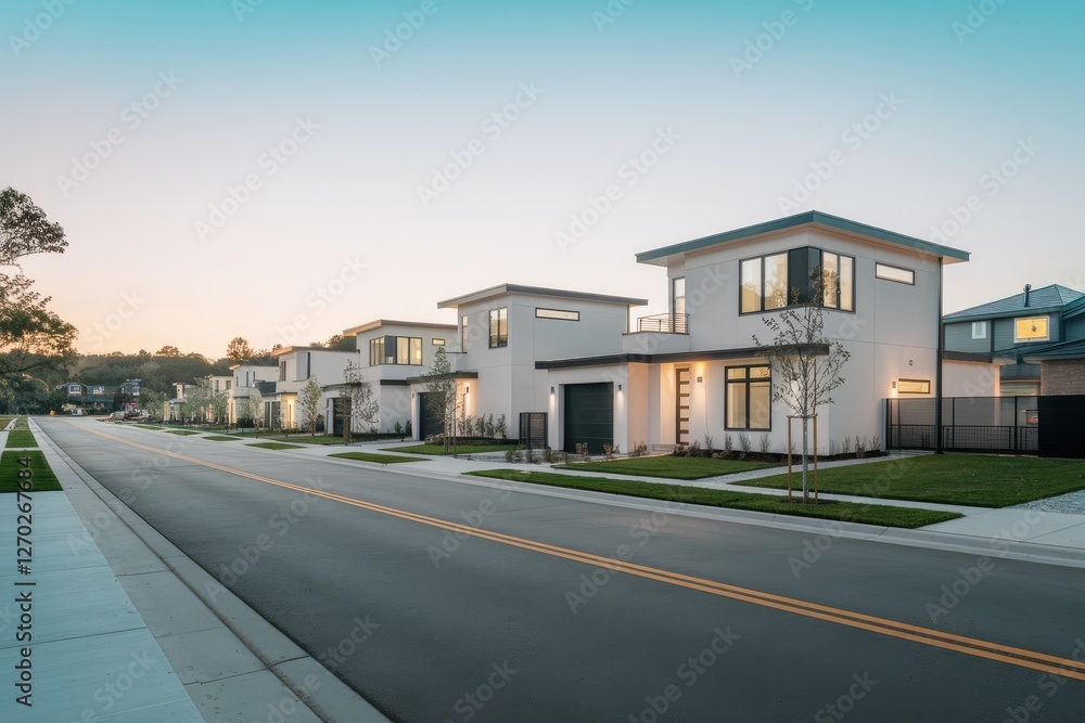 Modern White Townhouses on a Suburban Street at Dusk with Teal Sky and Yellow Road Markings, Linear Perspective, Sleek Architecture, Calm Evening Mood Modern White Townhouses on a Suburban Street at Dusk with Teal Sky and Yellow Road Markings, Linear Perspective, Sleek Architecture, Calm Evening Mood
