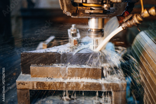Metalworking machine cutting with cooling liquid showcasing precision manufacturing and industrial process