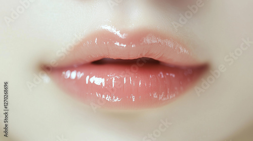 潤いのある若いアジア人女性の唇の超クローズアップ。ピンク色のリップグロスを付けている可愛い口元。コスメ商品の宣伝撮影。