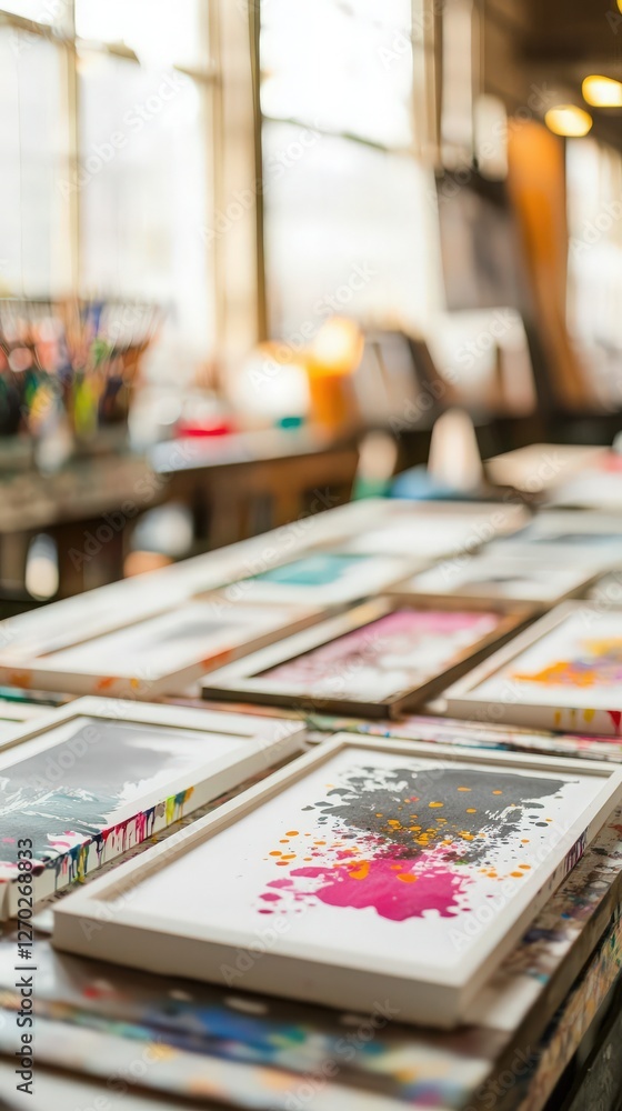 Colorful Abstract Paintings on Display in Art Studio.