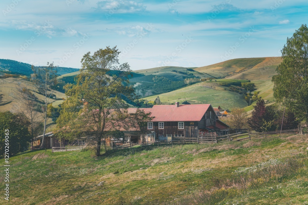 Rustic Barn with Red Roof in Rolling Green Hills under a Blue Sky, Serene Rural Scene Rustic Barn with Red Roof in Rolling Green Hills under a Blue Sky, Serene Rural Scene