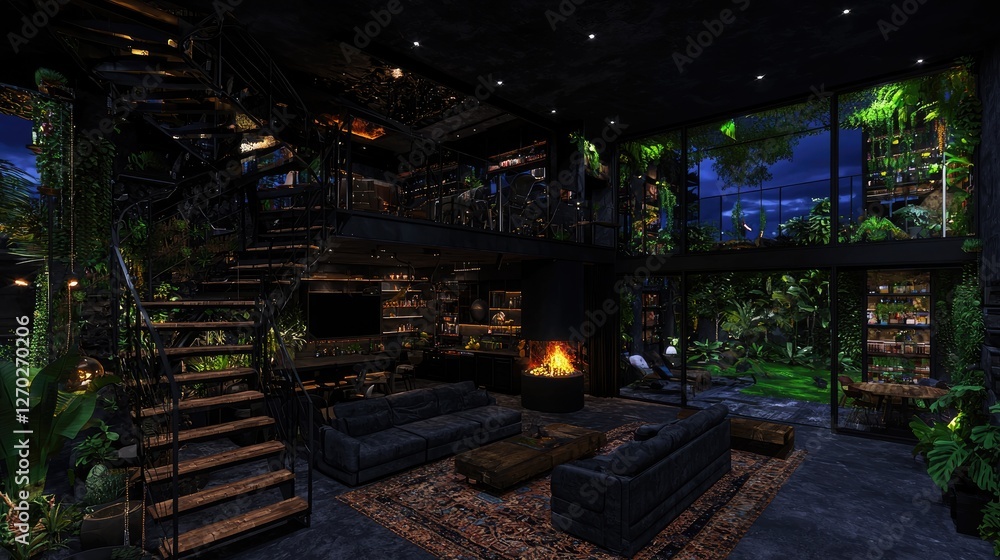 Modern jungle home interior, night view, lush garden Modern jungle home interior, night view, lush garden