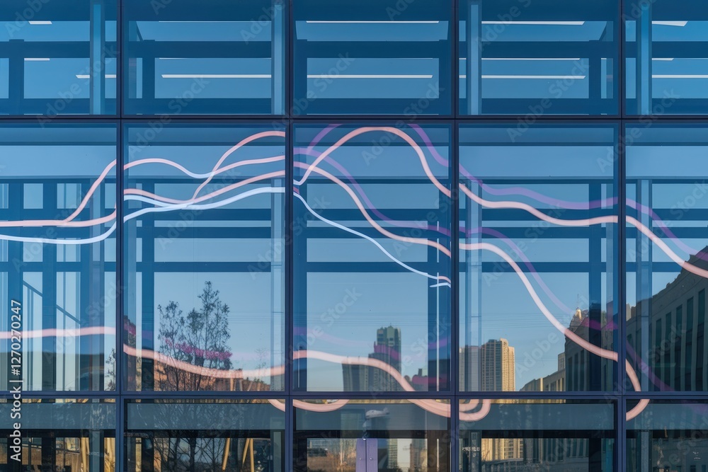 Modern glass facade reflecting city buildings and wavy light art in blue, peach, and white, creating a clean, geometric design Modern glass facade reflecting city buildings and wavy light art in blue, peach, and white, creating a clean, geometric design