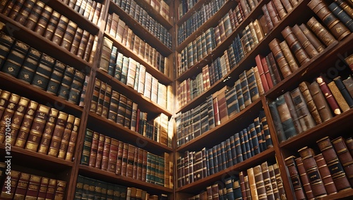 Old Bookshelf with Antique Books in Wooden Library Interior