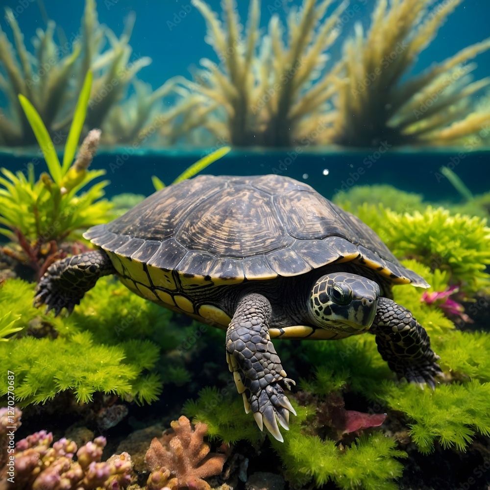 Fototapeta premium Calm Waters: A Musk Turtle Nestled Among Vibrant Aquatic Life