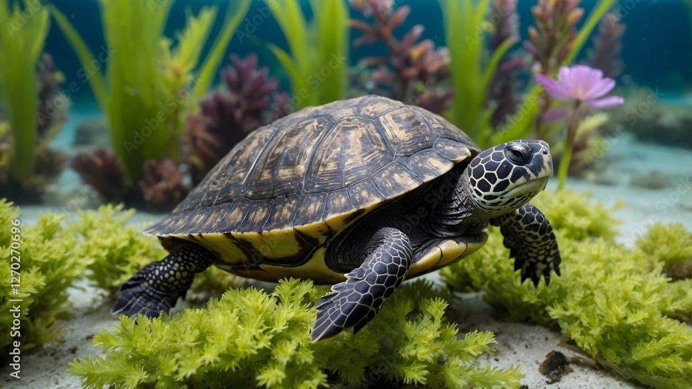 Obraz premium Beneath the Waves: A Musk Turtle Exploring Lively Aquatic Flora