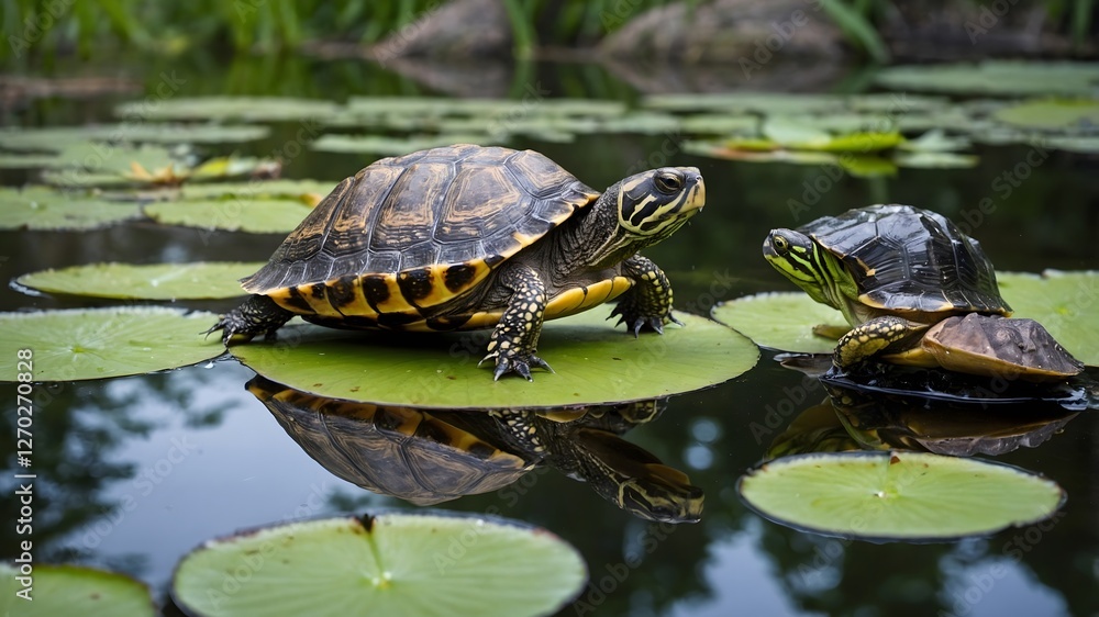 Nature's Balance: A Musk Turtle and Frog Sharing a Quiet Moment Nature's Balance: A Musk Turtle and Frog Sharing a Quiet Moment