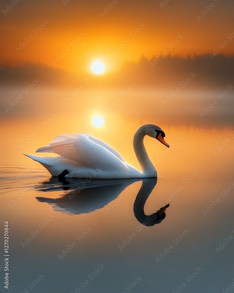 Fototapeta premium A graceful swan gliding across a tranquil lake during a serene sunrise.