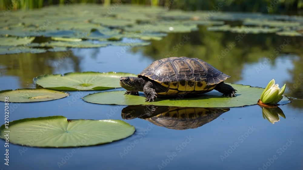 Fototapeta premium Natural Companionship: A Musk Turtle and Frog in Quiet Unity