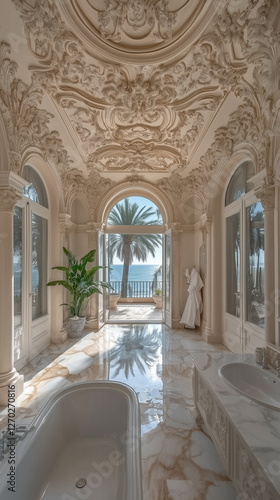 grand bathroom of light luxury old money villa in Cannes, tall celing