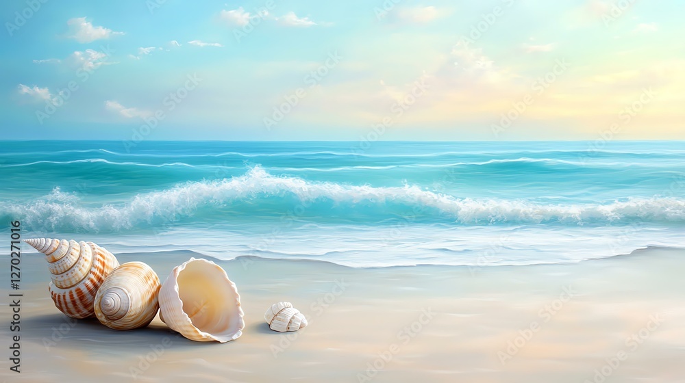 A serene beach scene with seashells and gentle waves under a colorful sky. A serene beach scene with seashells and gentle waves under a colorful sky.