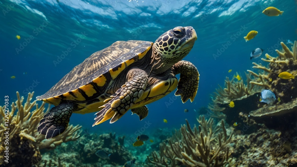Obraz premium Smooth Swim: A Musk Turtle Navigating a Lively Aquatic Landscape