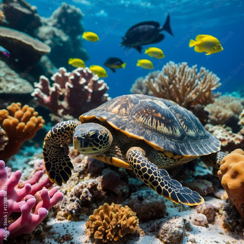 Fototapeta premium Reef Ramblings: A Flattened Musk Turtle in a Colorful Marine Landscape