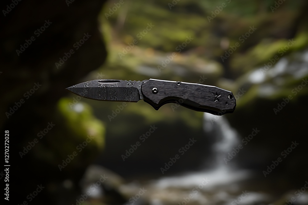 Damascus Steel Folding Knife in Nature Damascus Steel Folding Knife in Nature