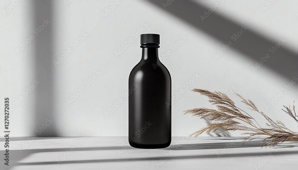 Highquality black glass bottle mockup with a white label, designed to emphasize minimalist packaging aesthetics and product branding Highquality black glass bottle mockup with a white label, designed to emphasize minimalist packaging aesthetics and product branding