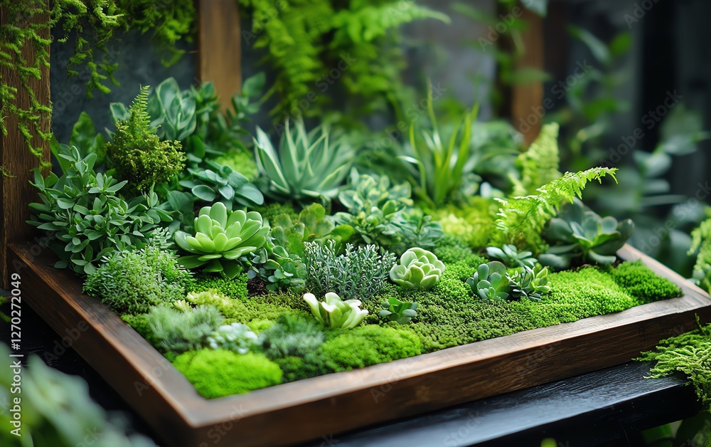 Handmade wooden frame with soft moss and various types of greenery, evoking a calm, earthy ambiance in an indoor botanical setting Handmade wooden frame with soft moss and various types of greenery, evoking a calm, earthy ambiance in an indoor botanical setting