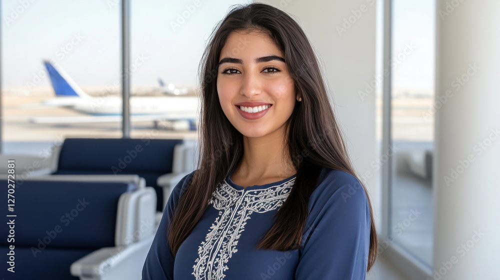 Arabian woman in blue dress with white embroidery smiling waiting for flight using airplane at airport Arabian woman in blue dress with white embroidery smiling waiting for flight using airplane at airport