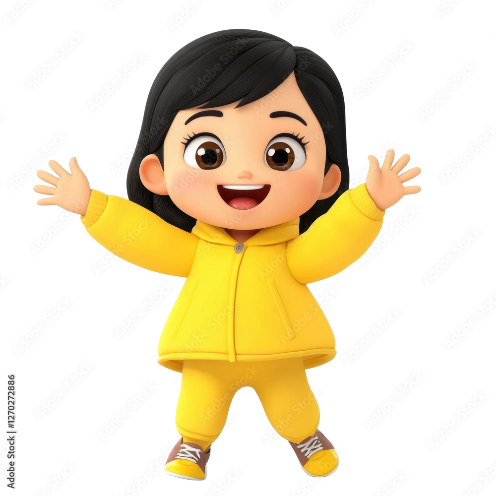 Cheerful cartoon girl in yellow outfit with joyful expression Cheerful cartoon girl in yellow outfit with joyful expression