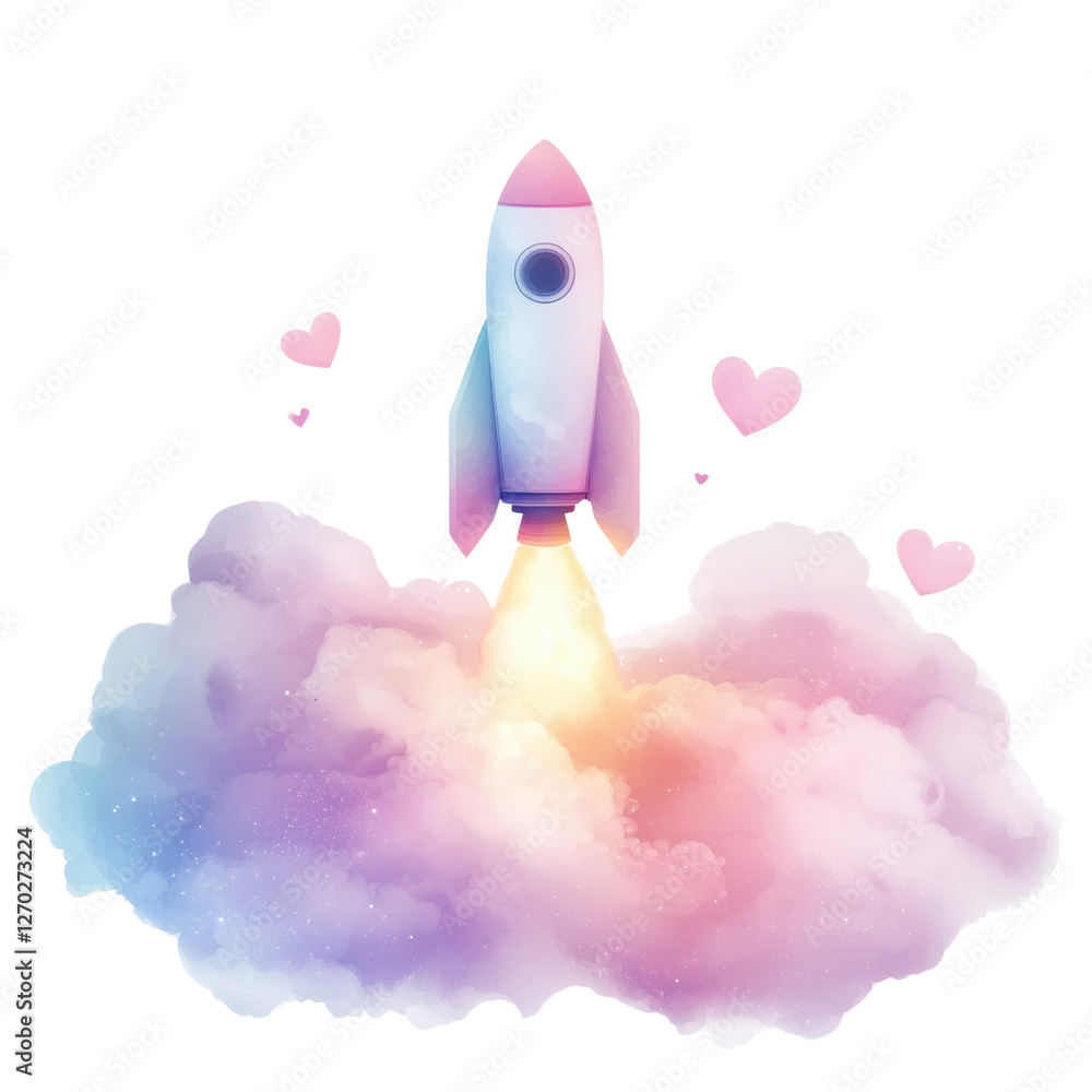 Colorful Rocket Launching Through Clouds with Hearts Background Colorful Rocket Launching Through Clouds with Hearts Background