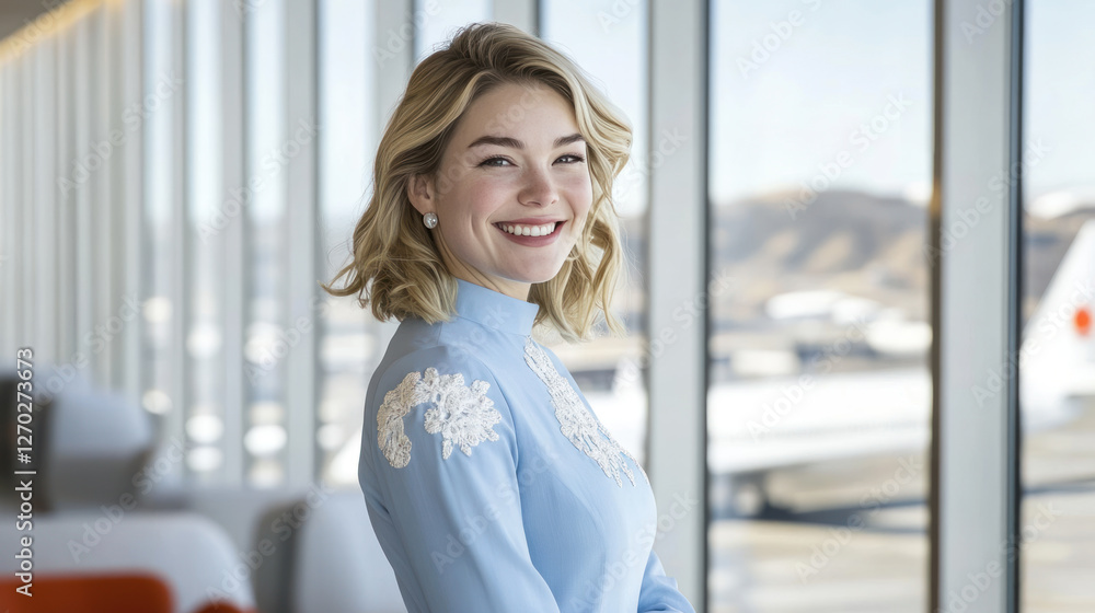 Blond woman in blue dress with white embroidery smiling waiting for flight using airplane at airport Blond woman in blue dress with white embroidery smiling waiting for flight using airplane at airport