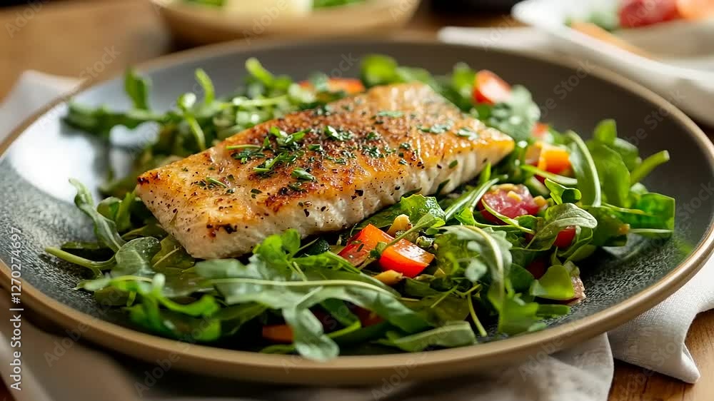 Grilled salmon fillet served on a bed of fresh arugula salad with colorful vegetables in a cozy kitchen Grilled salmon fillet served on a bed of fresh arugula salad with colorful vegetables in a cozy kitchen