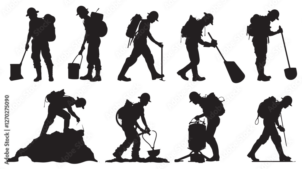 Obraz premium Miners silhouettes, various actions.