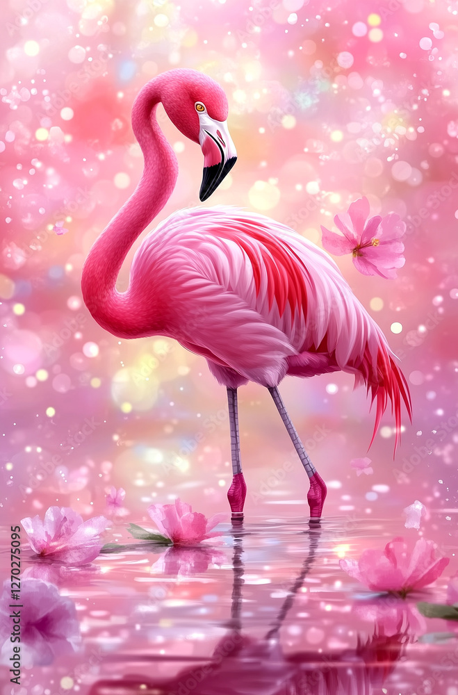 Fototapeta premium A pink flamingo is standing in a pond with pink flowers. The image has a soft, romantic mood with the pink color scheme and the serene setting of the pond