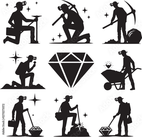 Miners silhouettes with diamonds.
