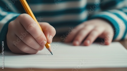 A child with a yellow pencil writes on lined paper, showcasing creativity and focus in a cozy, striped sweater.