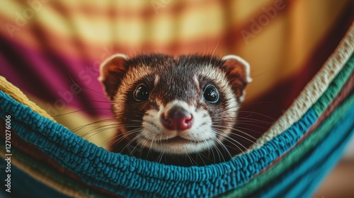 A cute ferret peeks from a colorful hammock, displaying its playful personality in a cozy setting.