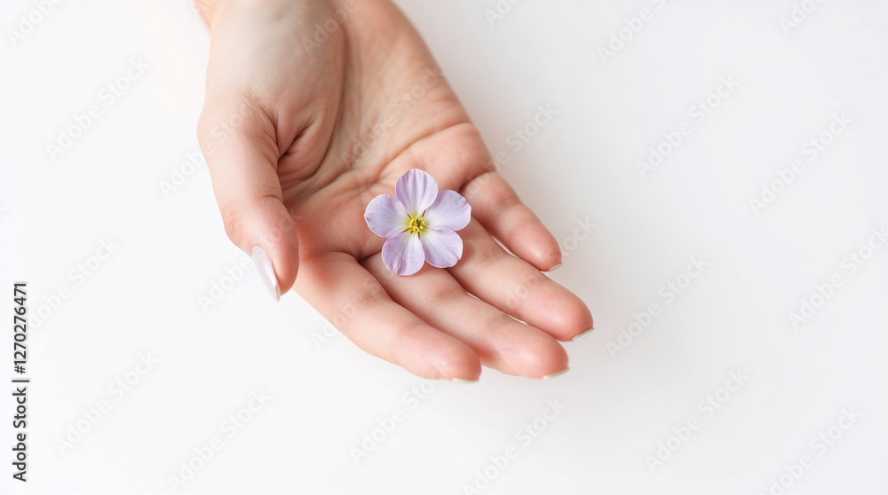 Female hand holding small pink flowers on white background with copy space, flat lay Female hand holding small pink flowers on white background with copy space, flat lay