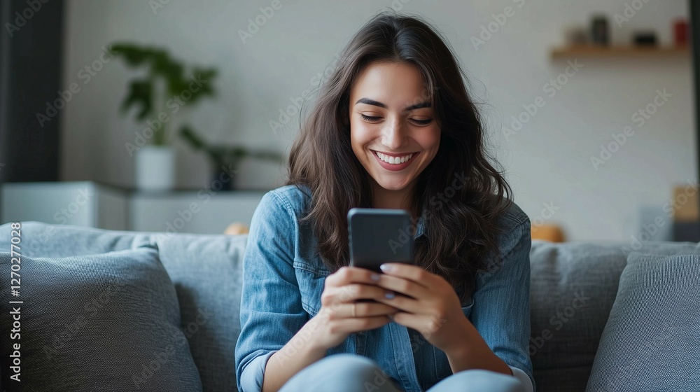 custom made wallpaper toronto digitalWoman sitting on sofa at home,smiling and holding phone in a hand,looking into it,copy space.