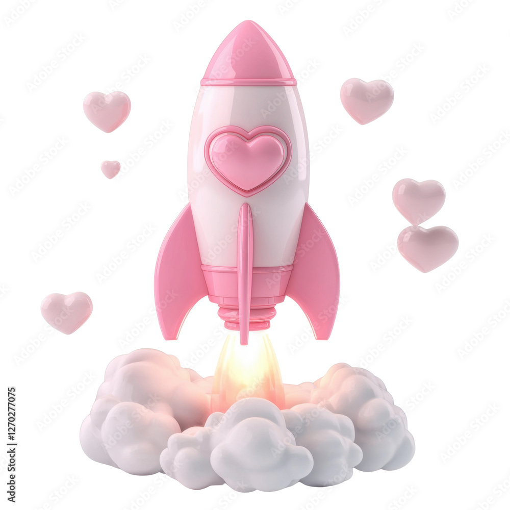 Cute Pink Rocket Surrounded by Hearts and Clouds for Kids' Designs Cute Pink Rocket Surrounded by Hearts and Clouds for Kids' Designs