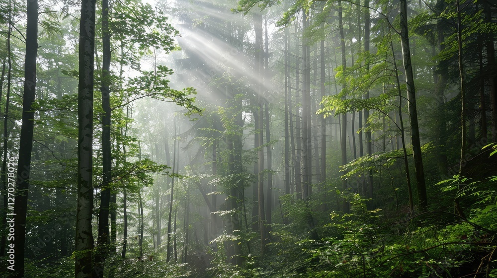Fototapeta premium Enchanting Sunlight Filtering Through Lush Forest